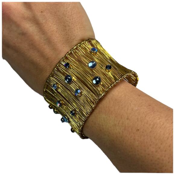 Textured Wire Cuff Bracelet with Blue Crystal Accents - Picture 7 of 11